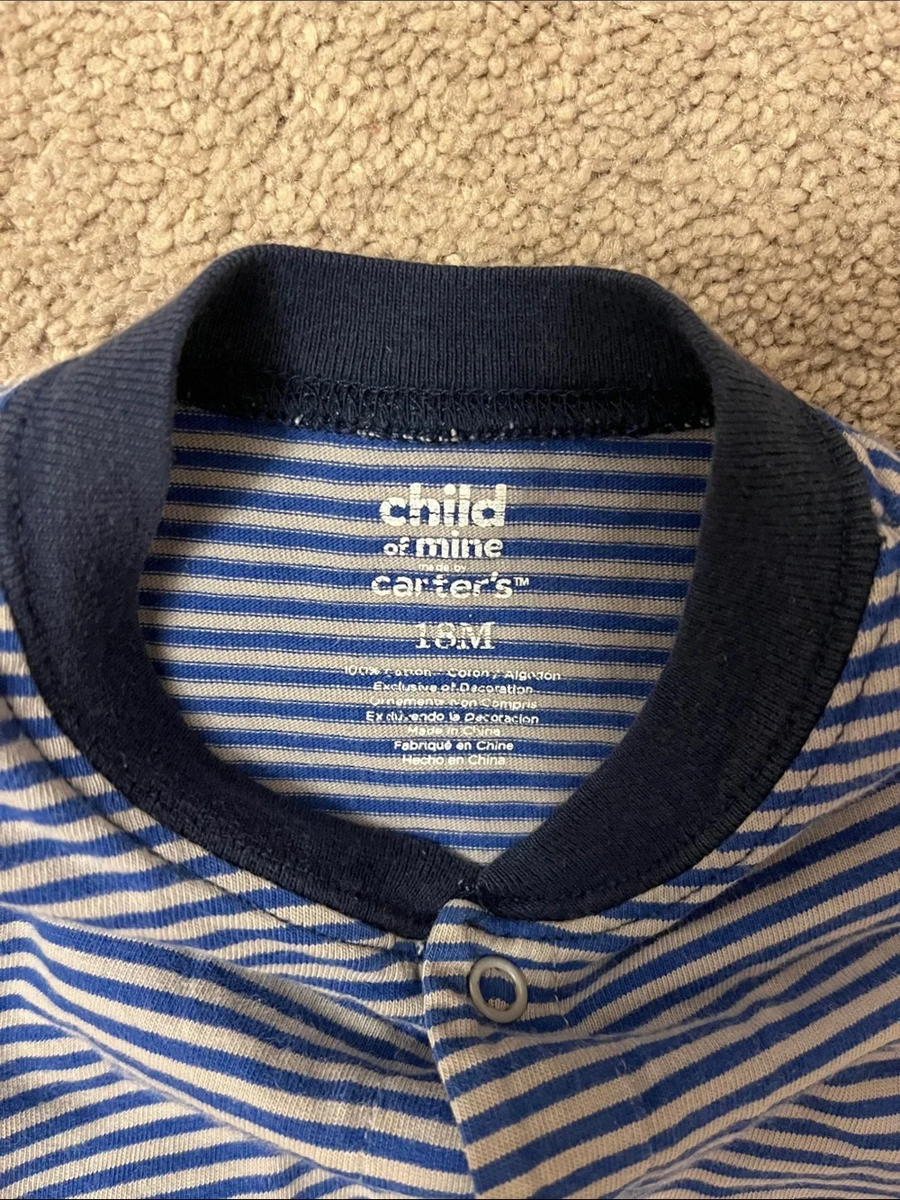 Carter's Blue and Gray Striped Baby Romper with Navy Trim